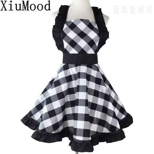 XiuMood Woman&39s Apron For Home Kitchen Cooking Dining Accessory Black And White Buffalo Plaid Retro Full Aprons Bib