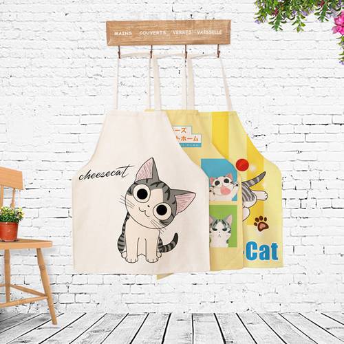 Cute Cartoon Cheese cat Printed Apron For Adult And Chird Kitchen Cooking Creative Cotton Hemp Parent Apron