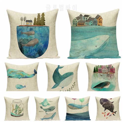 Mediterranean Digital Printed Square Pillowcase Cartoon Whale Cushions Home Decor Decorative Pillow Sofa Throw Pillows
