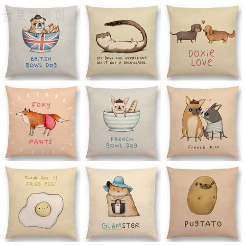 Hot Sale Funny Cartoon Animals Interesting Words Happy Letters Bird Dog Cat Pug Egg Potato Cushion Home Decor Sofa Throw Pillow