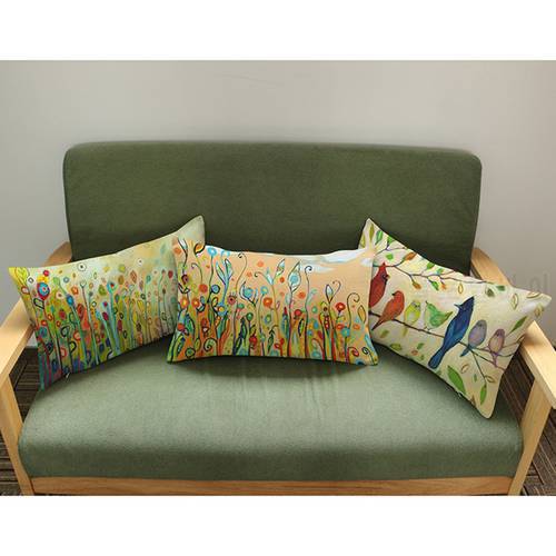 Colorful Watercolor Floral Birds Tree Print Cushion Throw Pillows Cotton Linen Home Decoration Car Sofa Waist Pillowcase 30x50cm