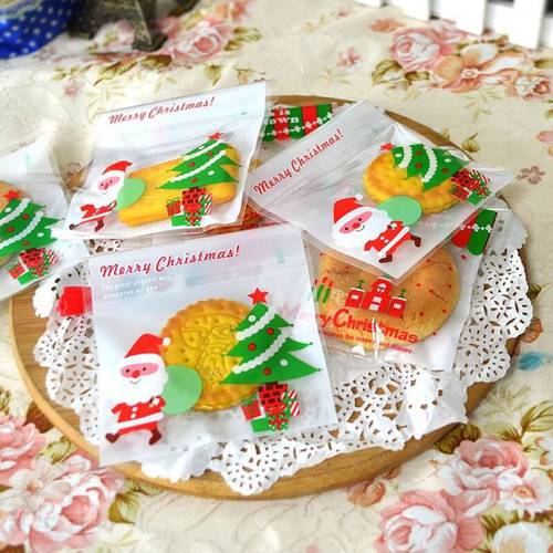 100PCS For Christmas Cookies Package Bag Scrub Flat Pocket Santa Claus Reindeer Biscuit Decorating Cookie Food Bags KC1250