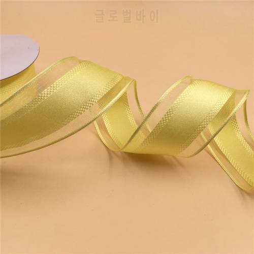 38MM X 25yards Lemon Yellow Wired Satin Ribbon with Transparent Organza Edges for Gift Box Wrapping N2203