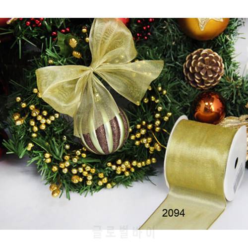 63MM X 25yards Net gold metallic ribbon gift packaging wired edge ribbon N2094