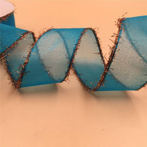 38mm X 25yards Blue Wired Organza Gauze Ribbon with Floss Edge for frower gift wrapping N2036