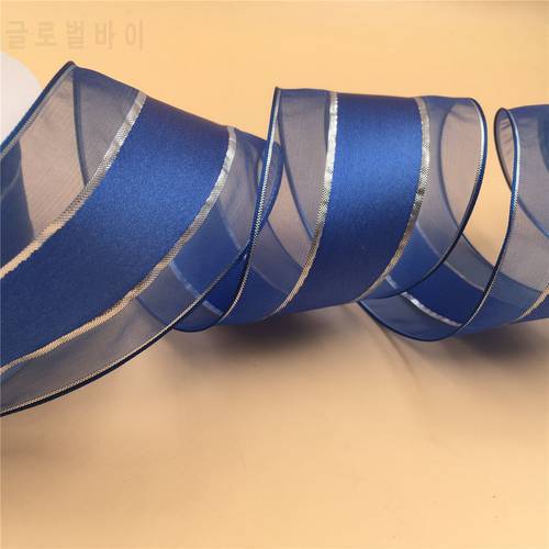63mm X 25yards Wired Silver Lurex Lines Organza Edges Blue Ribbon for Gift Bow,wedding,cake Wrap,tree Decoration,wreath N1061