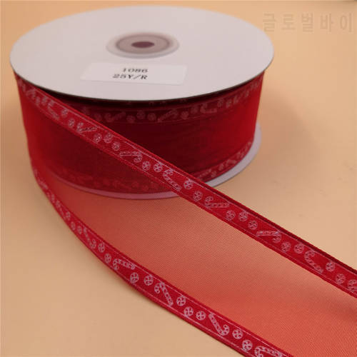 38mm X 25yards Printing Candy Cane Wired Red Satin Edge Organza Ribbon. Gift Bow,Wedding,Cake Wrap,Tree Decoration,Wreath N1086