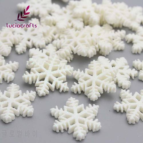Lucia Crafts 24pcs/lot Plastic Artificial Christmas Snowflake With Glitter Flatback DIY Decor Crafts F0604