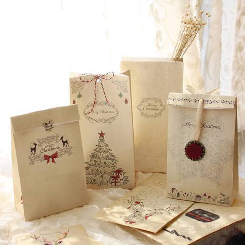 New 6pcs/set Kraft Paper Bag Merry Christmas Gift Bags Party Lolly Favour Bowknot Wedding Packaging 22x12x6cm Mix