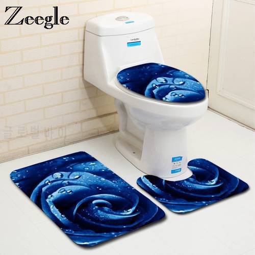 Zeegle 3Pcs Bath Mats Set Anti-slip Absorbent Bathroom Rug Rose Pattern Pedestal Rug Toilet Mat Lid Cover Carpet
