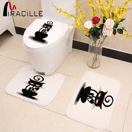 Miracille 3pcs/Set Cute Black Cat Pattern Bathroom Toilet Seat Cover Coral Fleece Door Mat Kitchen Non-slip Rugs Home Decor