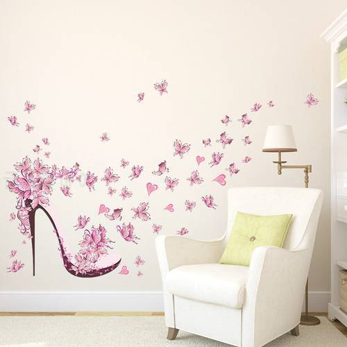Creative Wall Sticker Pink Butterfly High Heeled Shoes Eiffel Tower Pattern Carved Decals for Bed Room Home Decor