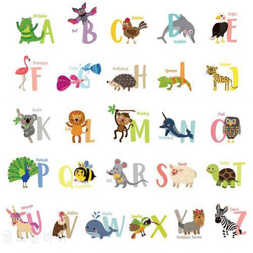 A-Z Alphabet Cartoon Animals Wall Sticker Helpful 26 English Letters Learning Wall Refrigerator Cute Decorative Wall Stickers