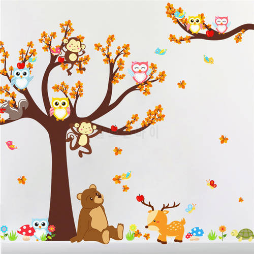 cartoon forest animal owl monkey bear deer tree branch wall stickers for kids room bedroom wall art decor decals diy mural