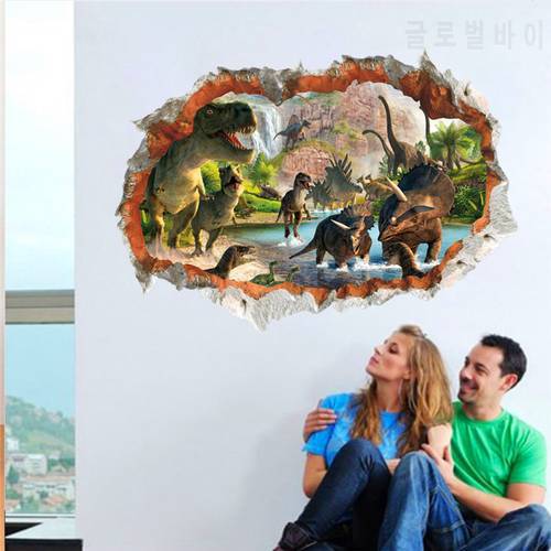 3d effect dinosaur world through wall stickers for kids rooms home decor cartoon animal wall decals art pvc mural diy posters