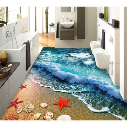 3D pvc flooring custom wall sticker 3D Beach sand waves surf bathroom flooring painting photo wallpaper for walls 3d
