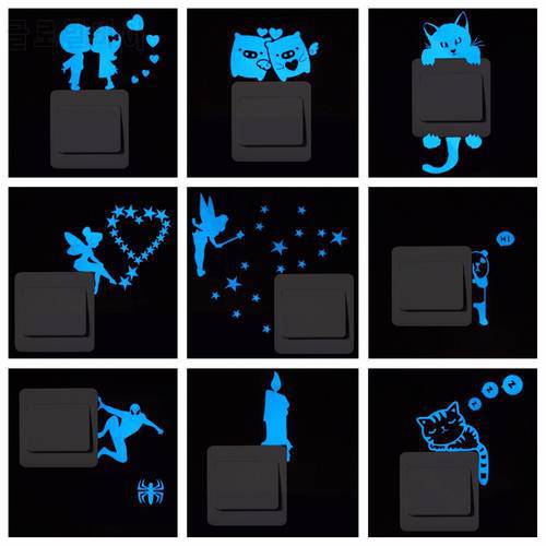 Blue-light Luminous Switch Sticker Home Decor Cartoon Glowing Wall Stickers Dark Glow Decoration Sticker, Cat/Fairy/Moon Stars..