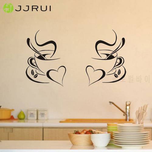 JJRUI 2 Coffee Cups Kitchen Wall Stickers Vinyl Art Decals Cafe Diner Hearts DIY Wall Decals Home Decoration