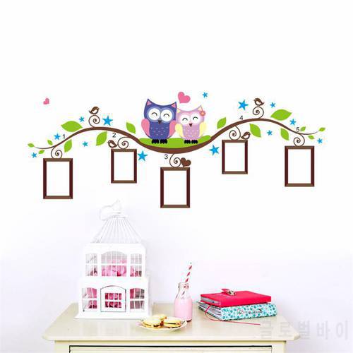 cartoon owls photo frame wall stickers for living room bedroom home decoration animals wall art decals flower vine diy mural