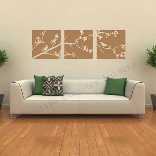 Free shipping Tree Wall Decals Vinyl Wall Art ,birds on tree branch wall decal sticker,Three Panel wall stickers home decoration