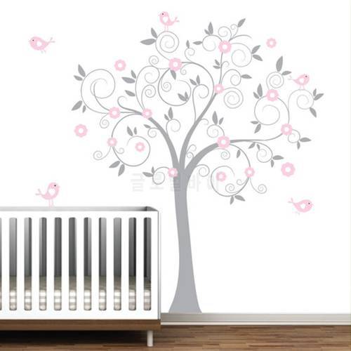 Free Shipping pink flower tree with birds, Big size 137 x180 cm(71
