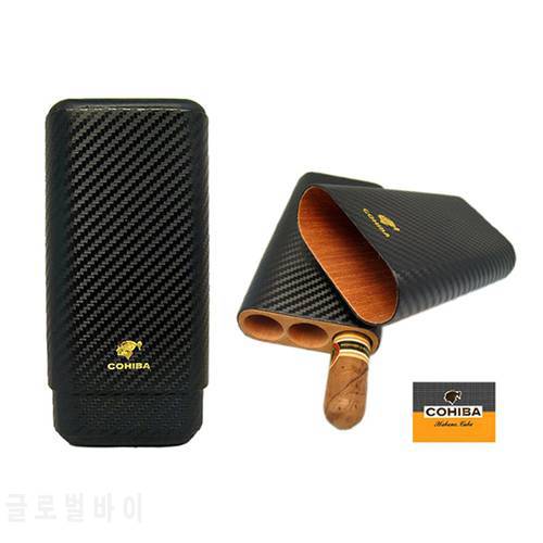 COHIBA Travel Cigar Case Leather Carbon Fiber and Cedar wood 3 Tube Cigar Holder Mini Humidor