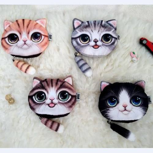 New Cute Cartoon Cat Women Cosmetic Kids Coin Purse Wallet Storage Bag Personality 3D Small Cat Head With Tail Storage Bags