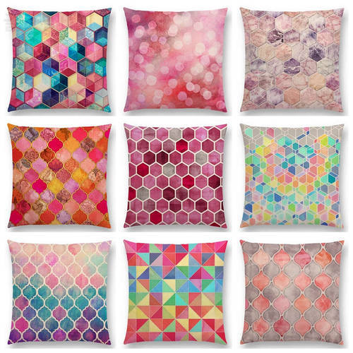 Hot Sale Gradient Rainbow Pastel Watercolor Moroccan Hexagon Pattern Colorful Gemstone Crystal Cubes Cushion Sofa Throw Pillow