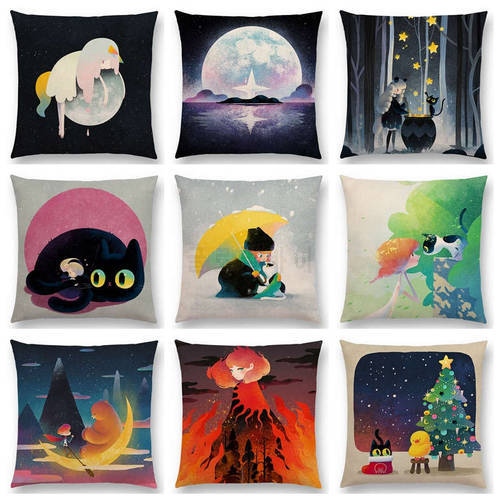 Hot Sale Colorful Dreams Lovely Cat Cute Girls Little Witch Magical Sun Moon Warm Star Christmas Cushion Decor Sofa Throw Pillow