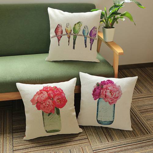 Vintage Flower and bird pattern Print Cushion pillowcase Home decorative Linen cotton sofa Seat decorative throw Pillows