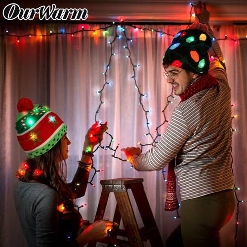 OurWarm LED Christmas Tree Hat Light Up Knitted Hat for Children Adult Ugly Christmas Sweater Christmas Beanie New Year 2019