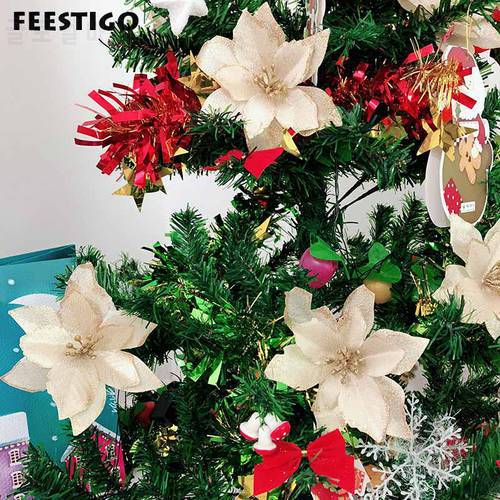 10PCS Christmas Tree Ornaments Artificial Flowers For Home FEESTIGO Xmas Navidad Christmas Tree Decorations New Year 2020