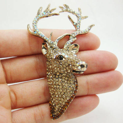 Classic Christmas Stag Deer Brooch Brown Austrian Crystal Cute Animal Pin