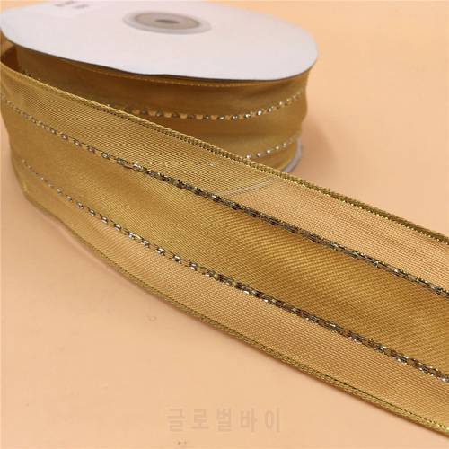 38mm X 25yards Wired Silver Lines Golden Organza Edge Satin Ribbon. Gift Bow,Wedding,Cake Wrap,Tree Decoration,Wreath N1031