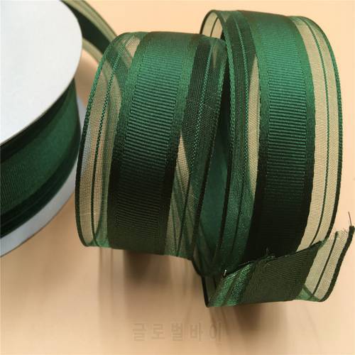 38MM X 25yards Emerald green grosgrain ribbon wire edged with organza stripes for gift box wrapping N2216