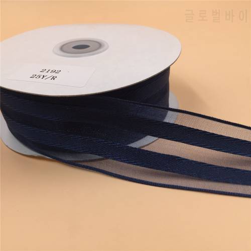 38mm X 25yards Navy Blue Striped Organza Satin Ribbon for Gift Box Wrapping Wired Edged Ribbon N2192