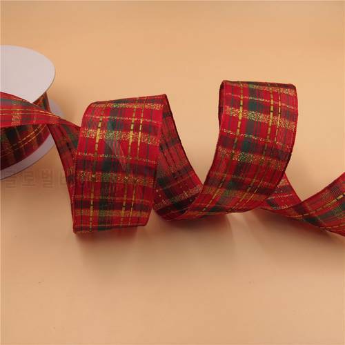 38mm X 25yards Golden Lurex Lines Red Wired Scottish Ribbon. Gift Bow,Wedding,Cake Wrap,Tree Decoration,Wreath N1042