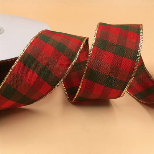 38mm X 25yards Wired Gold Lurex Edge Scottish Plaid Buffalo Ribbon for DIY Home Decoration Gift Wrapping Christmas Ribbon N1010