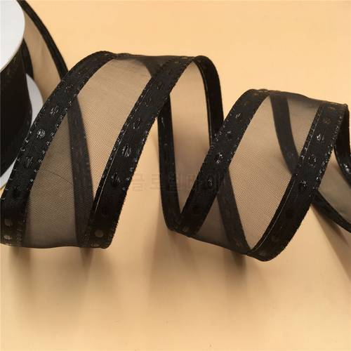 38mm X 25yards Wired Black Sheer Ribbon with Dot Stitched Edges for Gift Bow,wedding,cake Wrap,tree Decoration N2024