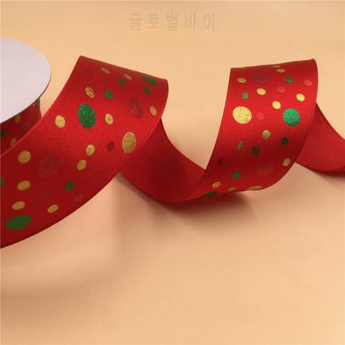 38mm X 25yards Colorful Dots Printing on Wired Edge Red Satin Ribbon. Gift Bow,Wedding,Cake Wrap,Tree Decoration,Wreath N1009