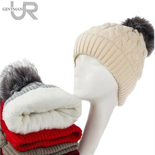 New Add Lining Knitted Winter Hats For Women Warm Fur Pompom Beanies Cap High Quality Twist Design Girls Hats