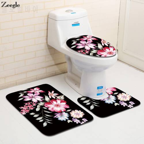 Zeegle Flower Printed 3pcs/set Non-slip Mats For Toilet Bathroom Floor Mats Flannel Carpet For Bathroom Absorbent Bath Carpet