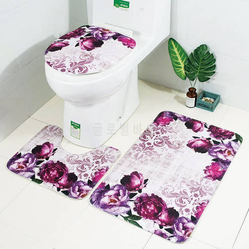 Zeegle Floral 3Pcs Bathroom Mat Set Anti-slip Bathroom Floor Rugs Cushion Toilet Seat Cover Toilet Bath Mat Bathroom Carpet Set