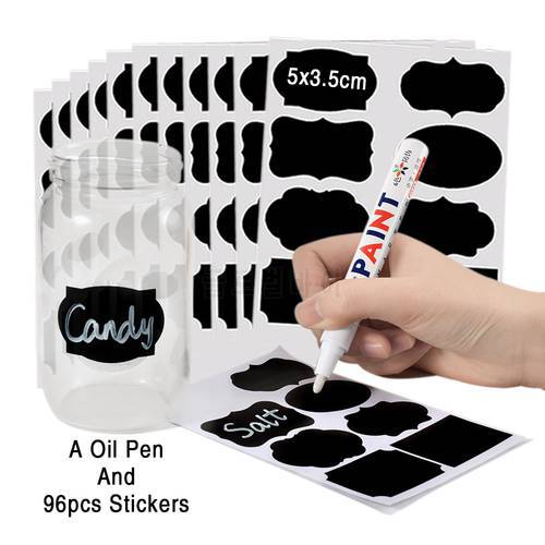 96pcs Reusable Kitchen Jar Stickers Spices Label Blackboard Sticker Use On Candy Snack Nut Storage Box Container With Oily Pen