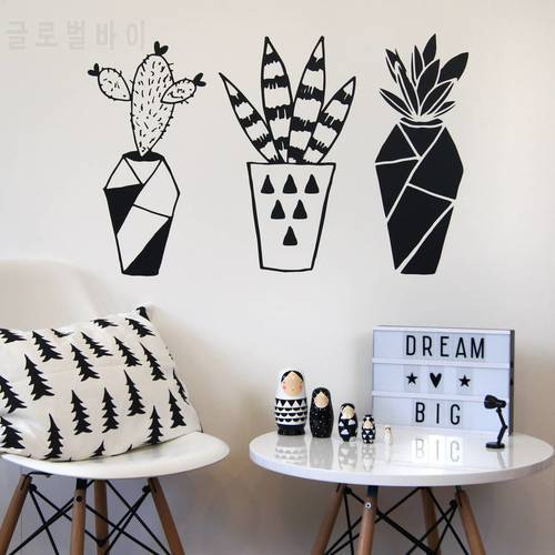 geometric cactus potted plants vinyl wall decal home decor living room bedroom diy art mural removable wall stickers