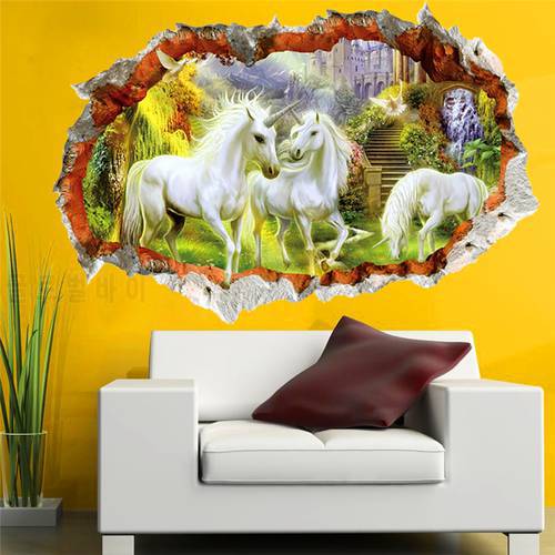 3d effect unicorn paradise through wall stickers for kids rooms living room decor cartoon white horse wall decals art diy mural
