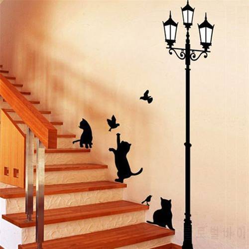 1Pcs Popular Ancient Lamp Cats Birds Plastic Wall Sticker Wall Mural Home Decor Room Kids Decals Wallpaper
