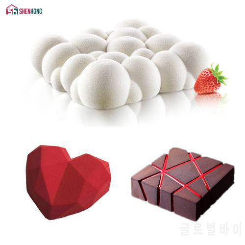SHENHONG 3PCS Art Cake Mould Pan 3D Grid Block Clouds Diamond Heart Silicone Mold Mousse Silikonowe Chocolate Moule Baking