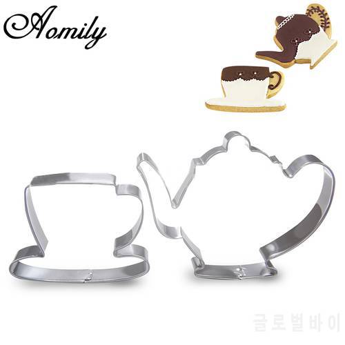 Aomily 2pcs/Set Cookie Cutter Stainless Steel Teapot Teacup Set Metal Moulds Baking Birthday Party Baking Crafts Scrapbooking