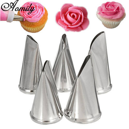 Aomily 5pcs/Set Petal Icing Nozzles Dessert Maker Stainless Steel Flower Piping Sugarcraft Cupcake Tip Pastry Baking Fondant